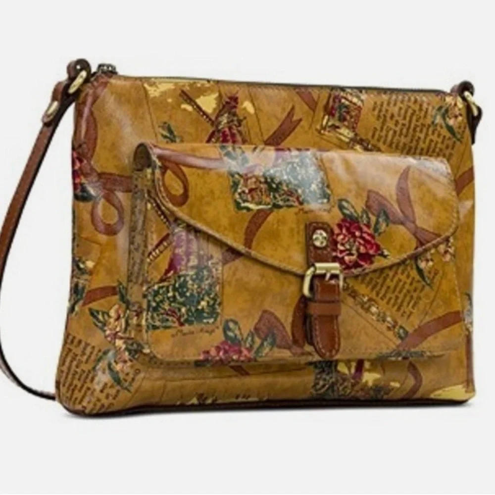 Patricia Nash NWT Mustard Brown Print Leather Crossbody Bag